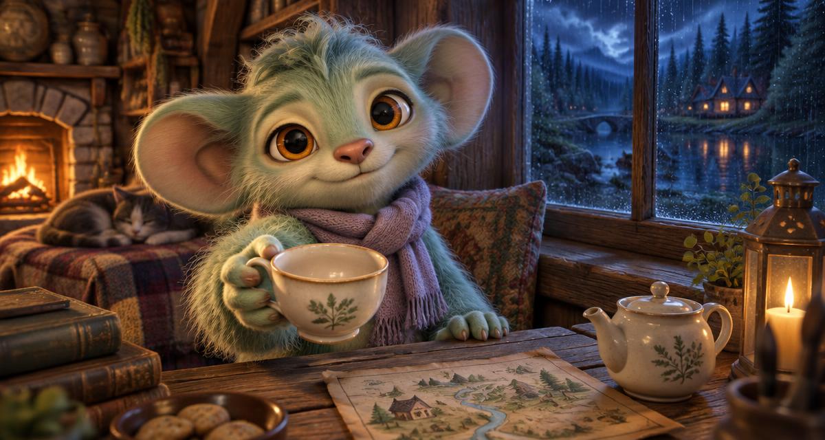 An original seafoam creature in a lilac scarf offering a teacup at a woodland cottage window