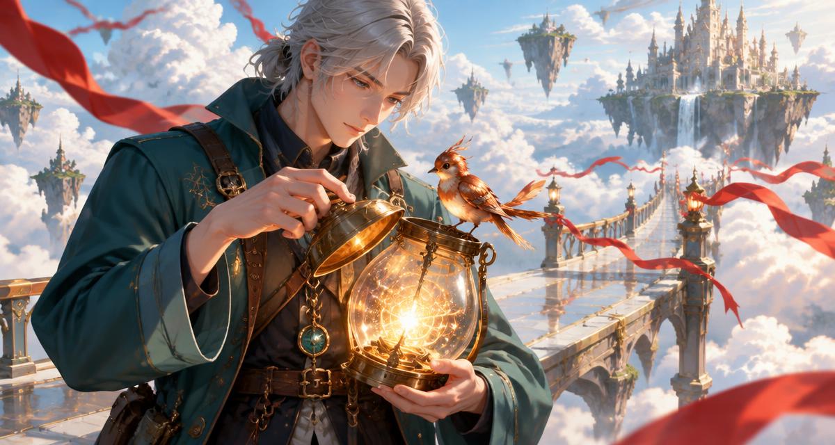An original silver-haired lantern keeper in a teal coat opening a glowing lantern for a copper bird on a floating bridge