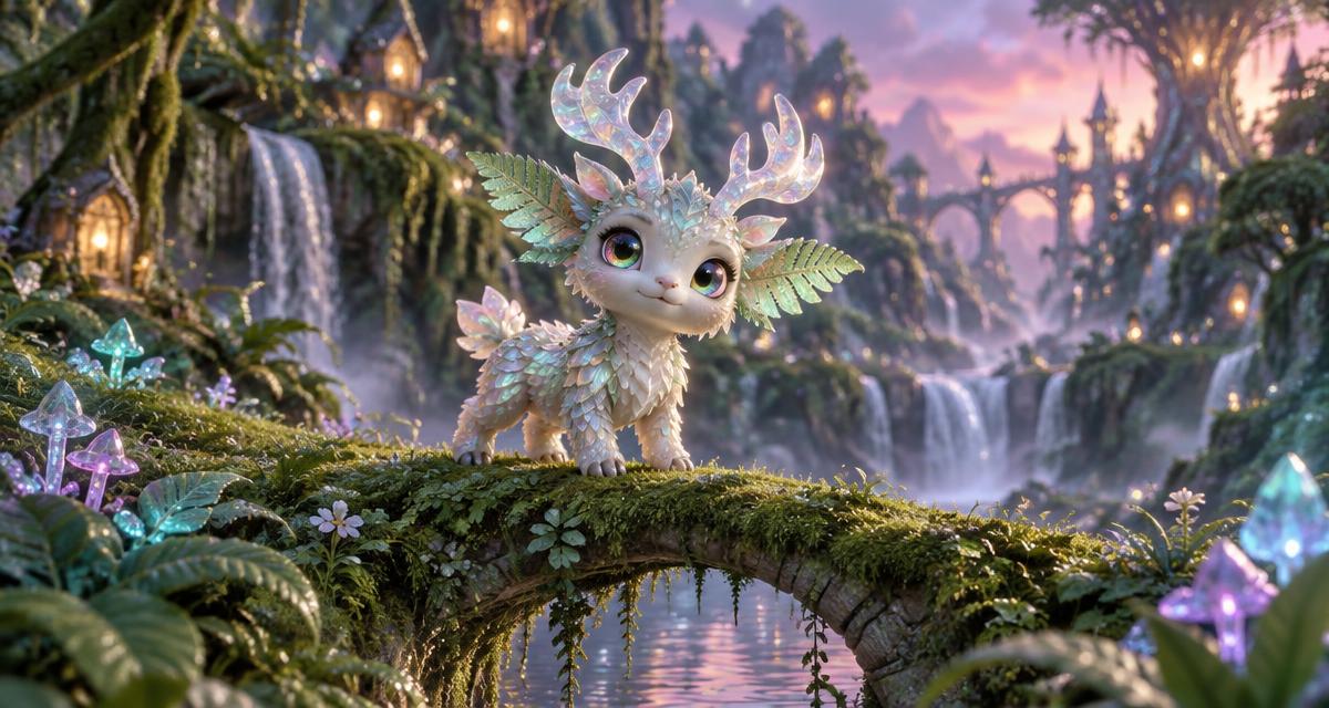 An original pearlescent forest creature with opal antlers and fern ears standing on a moss bridge