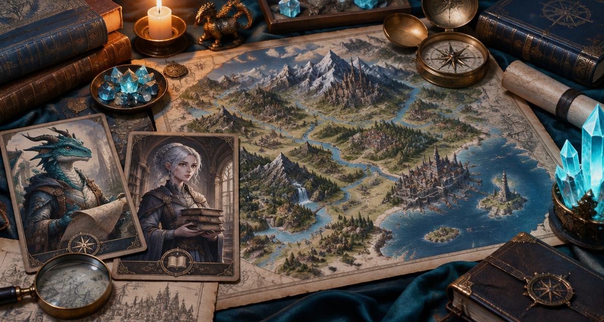 A detailed original fantasy map beside illustrated dragon and librarian character cards on a blue desk
