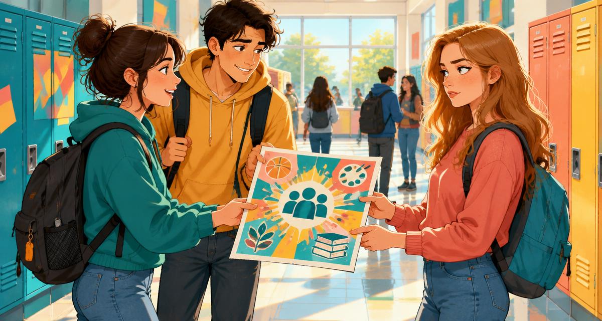 Three fully clothed students with backpacks discussing a club poster in a colorful school hallway