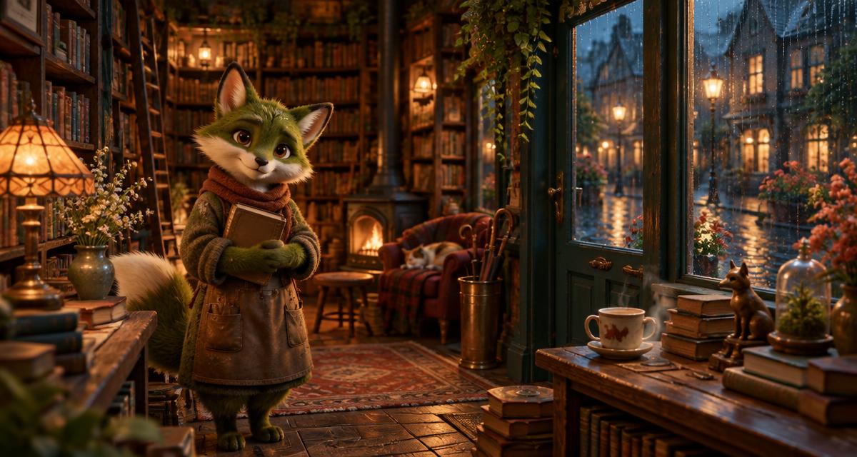 An original moss-green bookkeeper standing in a warmly lit bookshop while rain falls outside