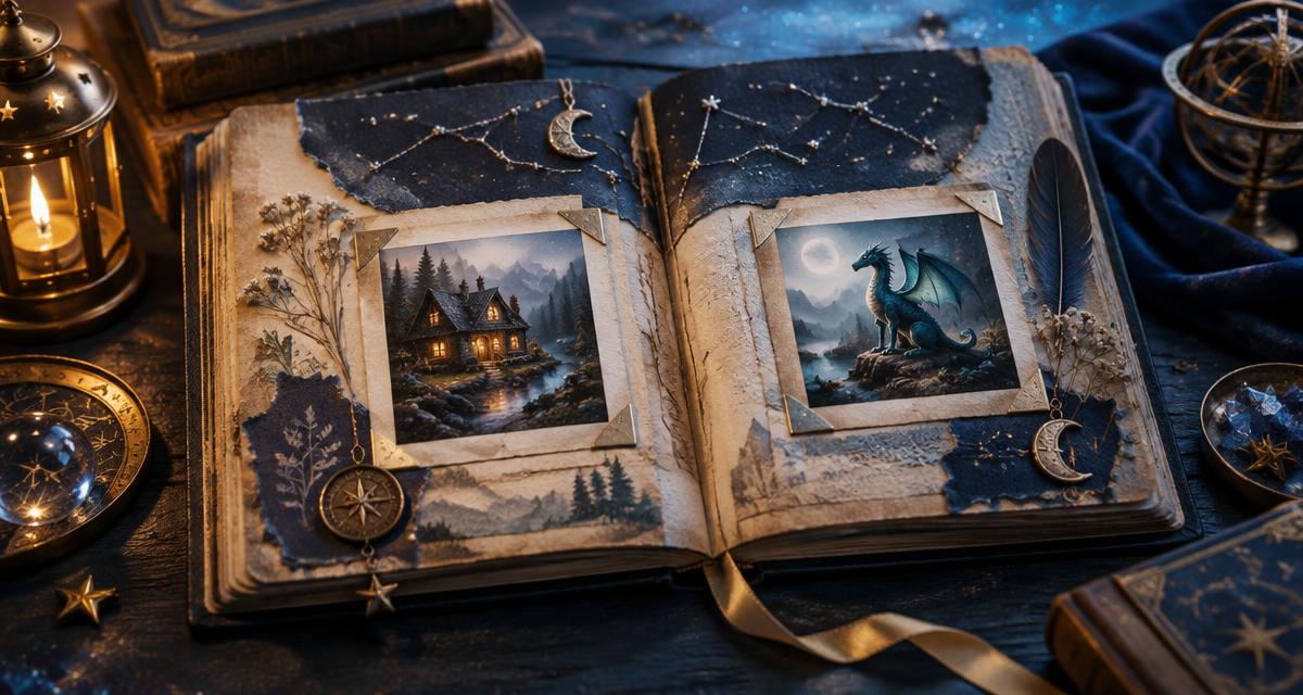 An open memory scrapbook with fictional cottage and dragon pictures beneath delicate silver constellations