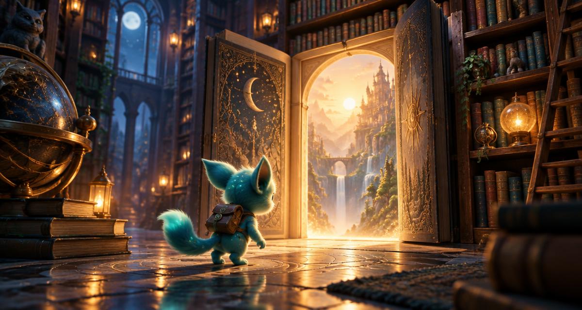 An original teal creature approaching a glowing storybook doorway inside a moonlit library
