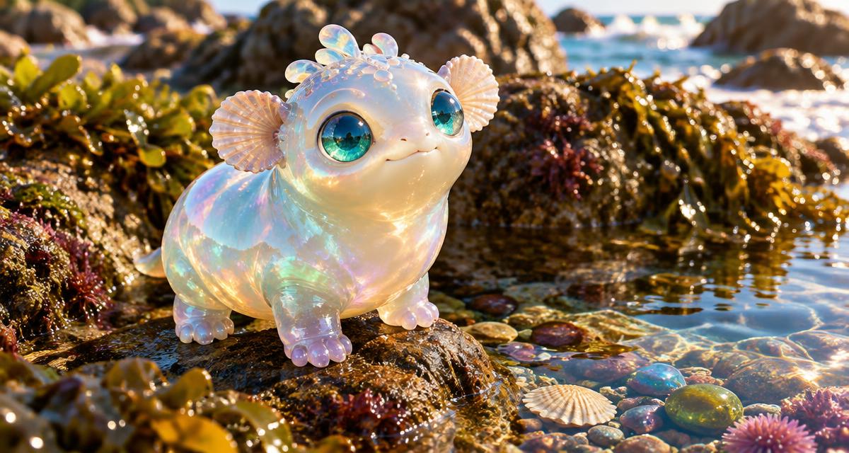 An original opalescent four-footed creature with shell-shaped ears sitting beside a sunlit tidepool