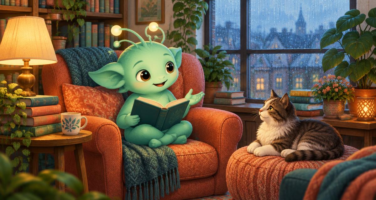 A friendly green fictional creature reading in a lamplit nook beside a cat and rainy window