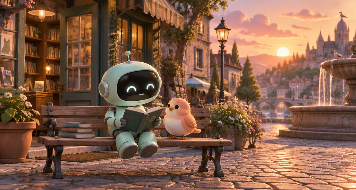 A friendly mint robot and peach bird reading together on a bench in a pastel city square