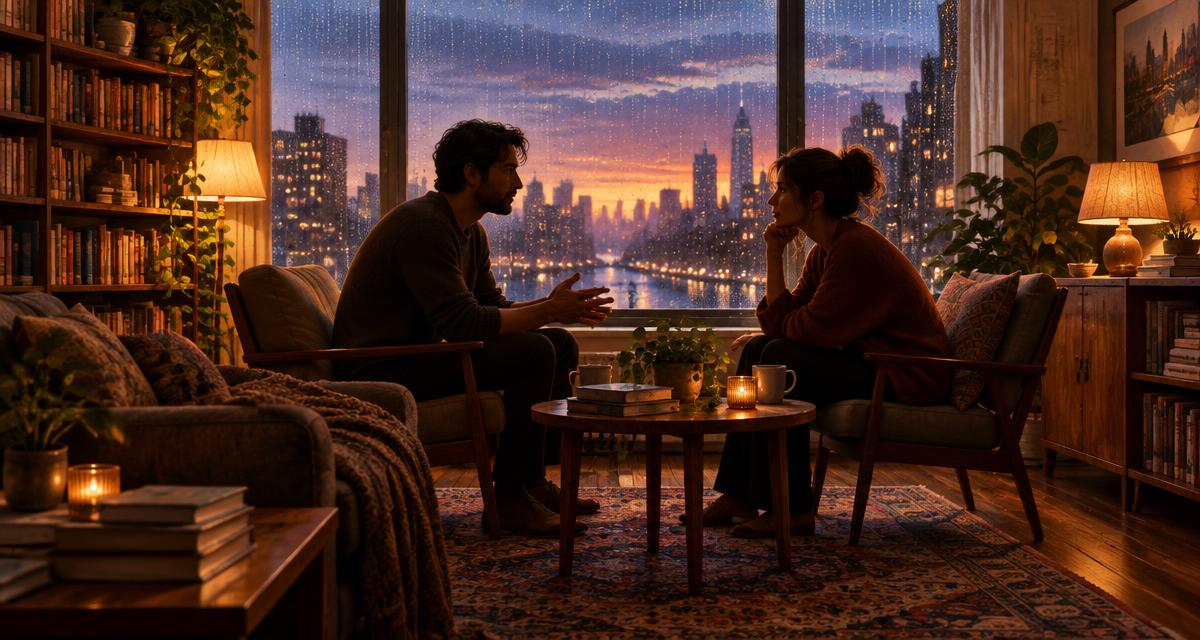 Two adults talking beside books and a rain-lit apartment window at sunset