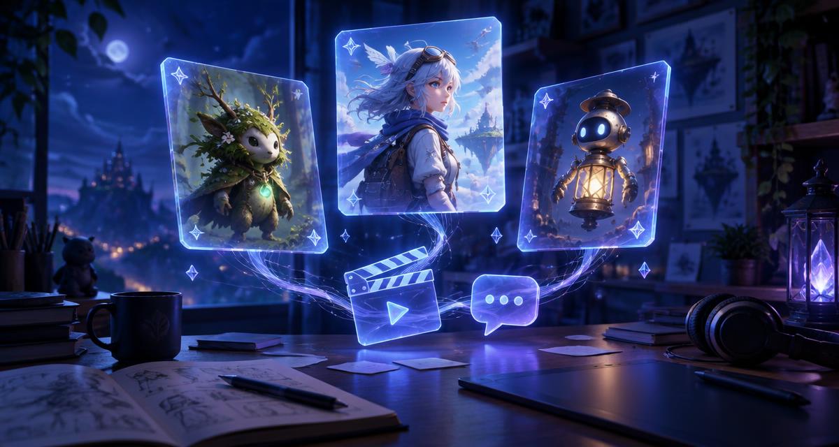 Three original characters, a moss guardian, a sky courier and a lantern robot, floating as glowing cards above a creator desk at night