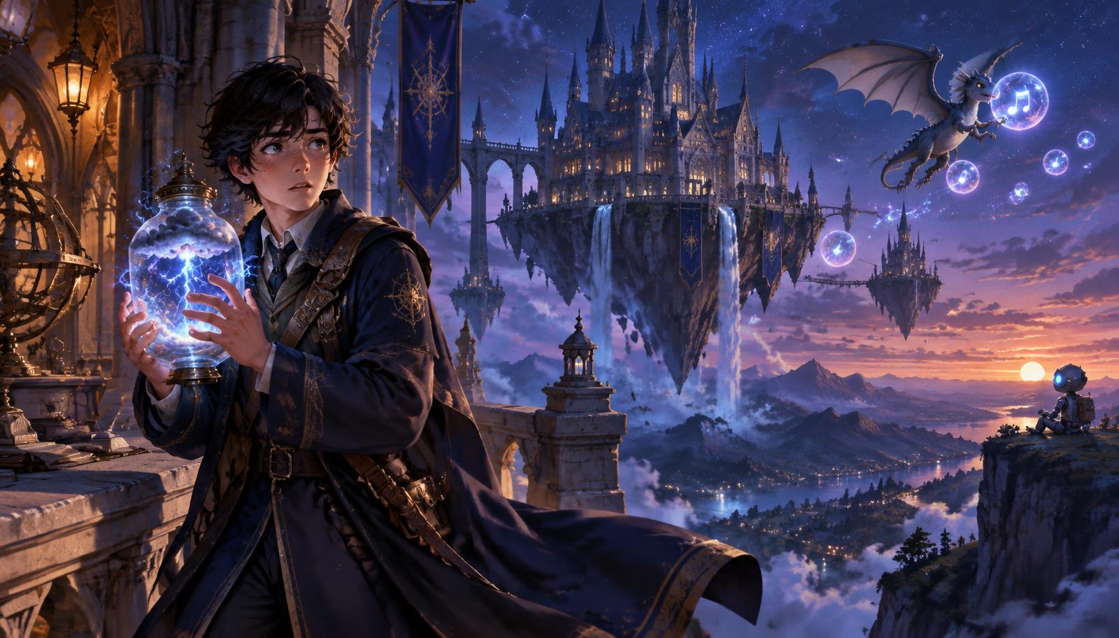 A nervous student stormkeeper in a dark academy coat holding a jar of crackling lightning on a castle balcony, with a floating academy, a small dragon chasing glowing sound bubbles and a tiny robot watching the sunset