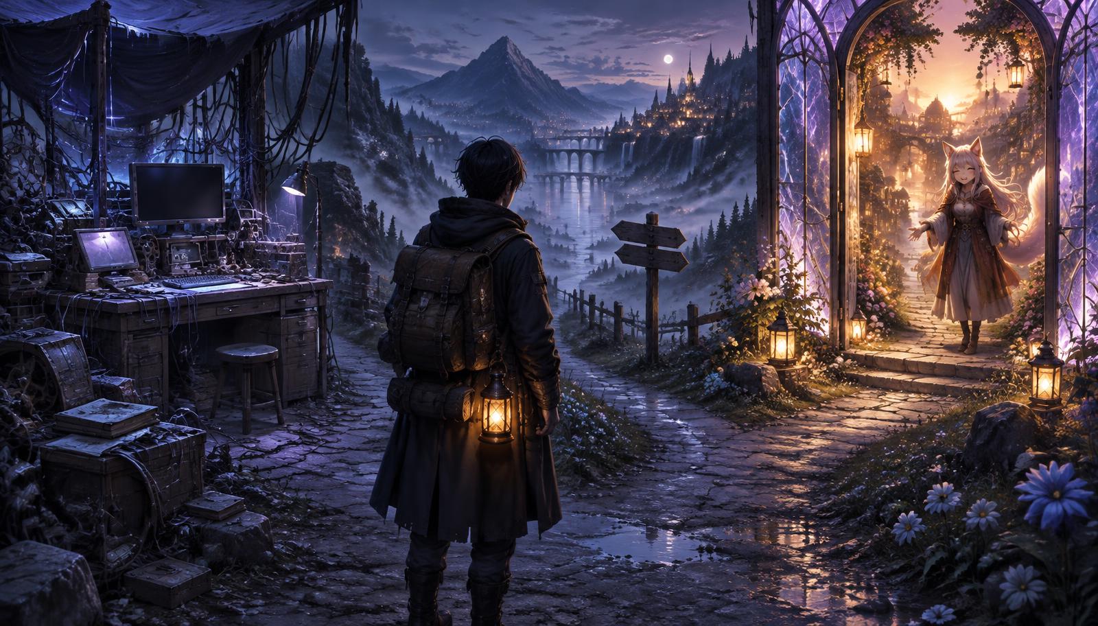 A traveler with a lantern at a misty crossroads choosing between a cluttered workbench of cables and terminals and a glowing doorway where a fox-eared character waves from a warm lantern-lit town