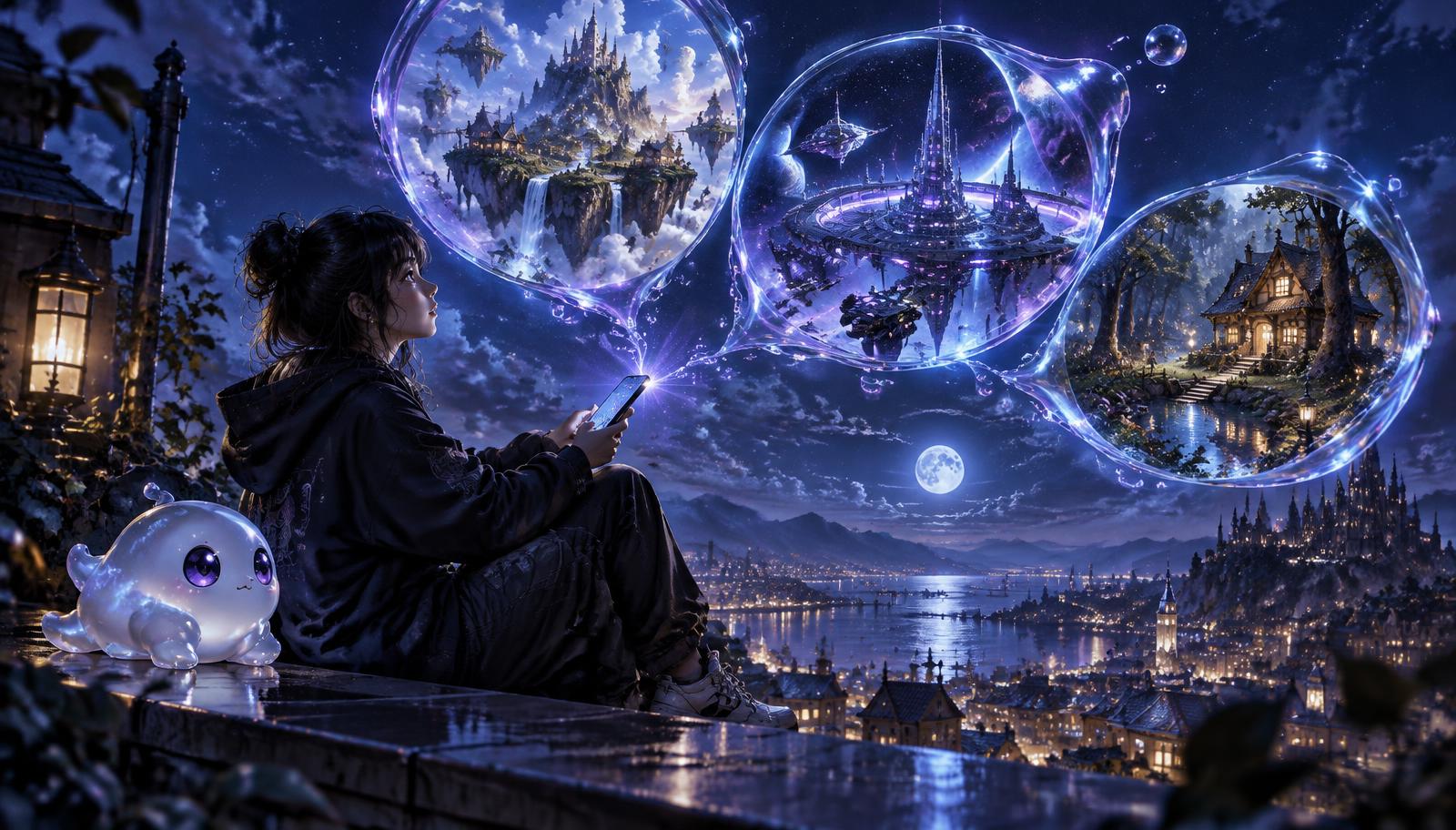 A young creator on a moonlit rooftop holding a phone as three glass bubbles show a floating island, a sci-fi station and a forest cottage, with a glossy white slime mascot beside her